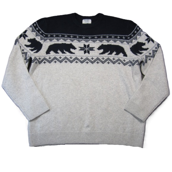 Old Navy Sweater Mens 2XL Tall Gray Bear Fair Isle Knit Winter Ski Lodge Nordic - Picture 1 of 7